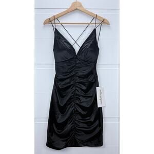 Emerald Sundae Black Ruched Satin Size M -Mini Dress Criss-Cross Back NWT